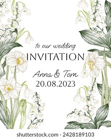 Vector invitation template with spring flowers. Daffodils, snowdrops and lilies of the valley