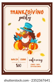 vector invitation template for thanksgiving party with illustration of turkey and pumpkins in orange, yellow and blue shades in prosky style 