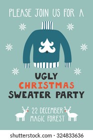 Vector invitation template with ugly sweater, reindeer and text "Please join us for a ugly Christmas sweater party". Funny holiday background. Vintage Christmas card.