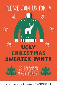 Vector invitation template with ugly sweater, Christmas trees and text "Please join us for a ugly Christmas sweater party". Funny holiday background. Bright Christmas card.