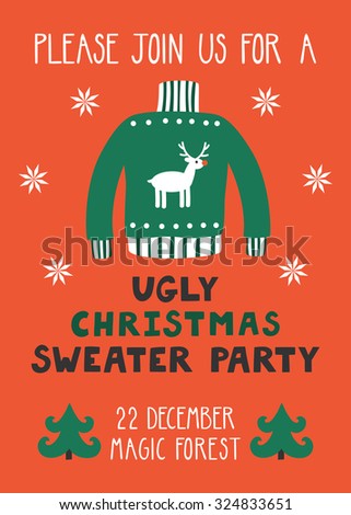 Vector Invitation Template With Ugly Sweater Christmas Trees And Text Please Join Us For Vector Invitation Template With Ugly Sweater Christmas Trees And Text Please Join Us For