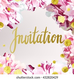 Vector invitation template with variegated white and pink peony flowers classic hand written lettering and glittering gold dots and stardust texture.