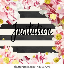 Vector invitation template with variegated white and pink peony flowers, classic hand written lettering "invitation" and glittering gold dots and stardust texture.