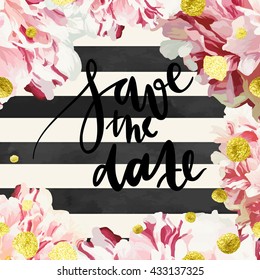 Vector invitation template with variegated white and pink peony flowers, classic hand written lettering "save the date" and glittering gold dots and stardust texture.