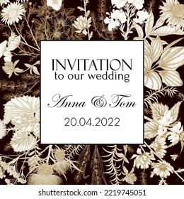 Vector invitation template with wild flowers in engraving style. Linear chamomile, chicory, clover, lavender, plantain, valerian, echinacea, rosehip, ginkgo, burdock, rosemary, nettle, St. John's wort