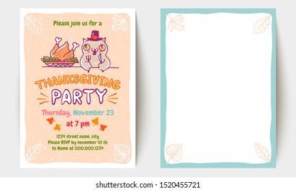 Vector invitation for Thanksgiving party with cute cat. Vector Thanksgiving two sided greeting card.