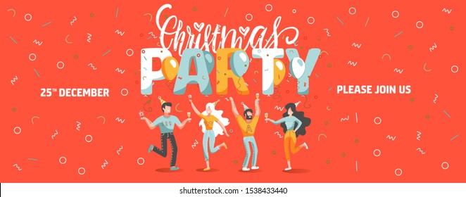 Vector invitation ticket template to Christmas party with funny people dancing and drinking wine. New Year banner with lettering text.