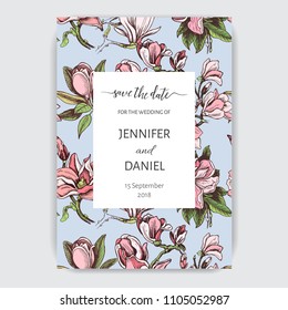 Vector invitation for the wedding. Card with magnolia flowers.