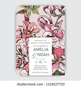Vector invitation for the wedding. Card with magnolia flowers.