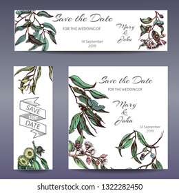 Vector invitation for wedding day. Hand drawn wedding illustration eucalyptus flowers and leaves.