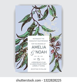 Vector invitation for wedding day. Hand drawn wedding illustration eucalyptus flowers and leaves.