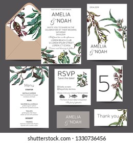 Invitación de Vector para el día de la boda. Dibujado a mano ilustración de boda flores y hojas de eucalipto.
