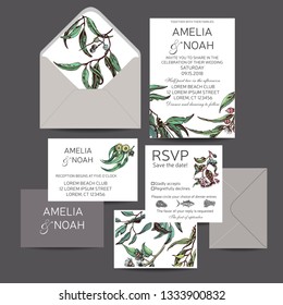 Invitación vectorial para el día de la boda. Dibujo de bodas dibujado a mano eucalipto flores y hojas.