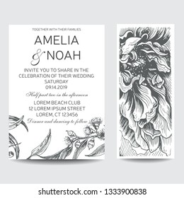 Vector invitation for wedding day. Hand drawn wedding illustration eucalyptus flowers and leaves.