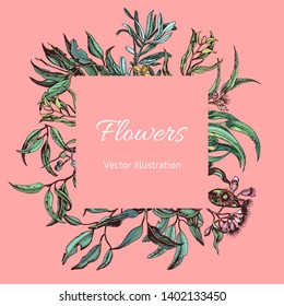 Vector invitation for wedding day. Hand drawn wedding illustration eucalyptus flowers and leaves.