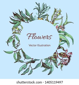 Vector invitation for wedding day. Hand drawn wedding illustration eucalyptus flowers and leaves.