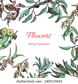 Vector invitation for wedding day. Hand drawn wedding illustration eucalyptus flowers and leaves.