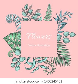 Vector invitation for wedding day. Hand drawn wedding illustration eucalyptus flowers and leaves.