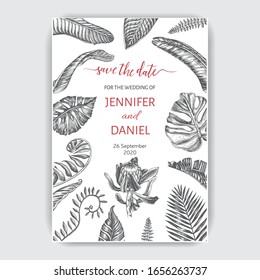 Vector invitation for wedding day. Hand drawn wedding illustration palm leaves. Template for wedding invitation.