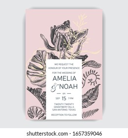 Vector invitation for wedding day. Hand drawn wedding illustration palm leaves. Template for wedding invitation.