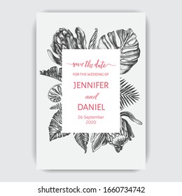 Vector invitation for wedding day. Hand drawn wedding illustration palm leaves. Template for wedding invitation.