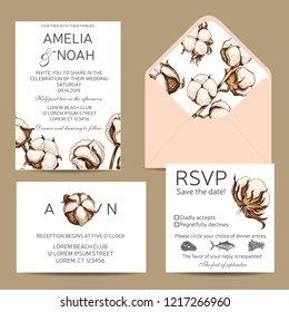 Vector invitation for the wedding. Template for invitation. Card vector illustration with cotton.