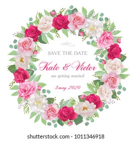 Vector invitation with white, pink and red roses and pink, white peonies. Can be used as wedding invitation, save the date, thank you card and Valentine's Day. All elements are isolated and editable.