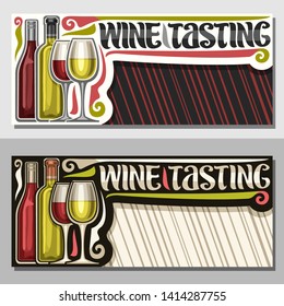Vector invitation for Wine Tasting with copy space, illustration of french wine bottles and half full shiny wineglasses, decorative lettering for words wine tasting on red and white striped background