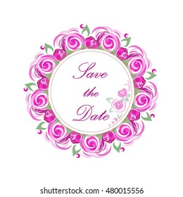 Vector invitation wreath with pink roses for wedding, marriage, birthday, Valentine's day.