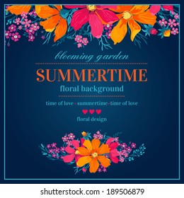 Vector invitational with colorful abstract flowers on a blue background. Vintage background
