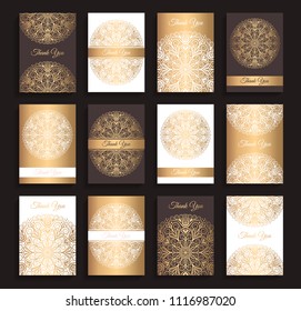 Vector Invitations set. Golden mandala design elements. Invite templates A6. Round ornaments. Flower greeting cards, thank you notes. Weave floral pattern. Luxury backgrounds.