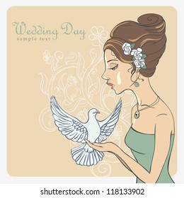 Vector Invite Card. Bride with dove