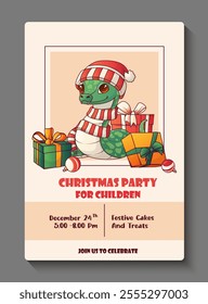 Vector invite design for kids' Christmas party. Illustration of snake with presents. Template for poster design, greeting card. New Year and Holidays decoration. 2025 year of the snake.