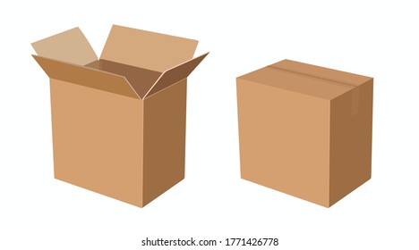 Vector Iolated Set of Carton Boxes, Opened and Closed