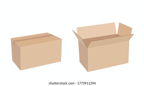 Conjunto vectorial aislado de cajas de cartón, abierto y cerrado