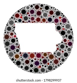 Vector Iowa State map collage of coronavirus. Infection attacks the quarantine territory from out space. Stencils circle Iowa State map collage composed with infection items.