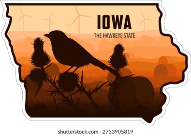 vector Iowa sticker design with eastern goldfinch on thistle and field with hay bales and wind turbines