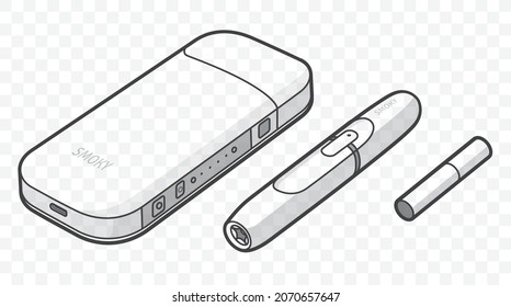 Vector IQOS heated tobacco. Electronic Cigarette outlined and contour. Pod mod and vape. Evaporation smoke systems, Smoking with device.