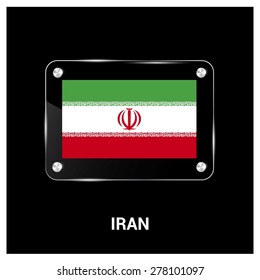 Vector Iran Flag glass plate with metal holders - Country name label in bottom