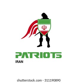 Vector Iran Flag Patriots Soldier Logo. Mascot Character Design. Memorial Day Army man with Shield. Vector Freedom Leader Logo illustration