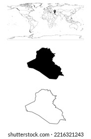 Vector Iraq map, map of Iraq showing country location on world with solid and outline maps for Iraq on white background. File is suitable for digital editing and prints of all sizes.