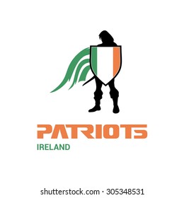 Vector Ireland Flag Patriots Soldier Logo. Mascot Character Design. Memorial Day Army man with Shield. Vector Freedom Leader Logo illustration