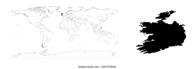 Vector Ireland map showing country location on world map and solid map for Ireland on white background. File is suitable for digital editing and prints of all sizes.