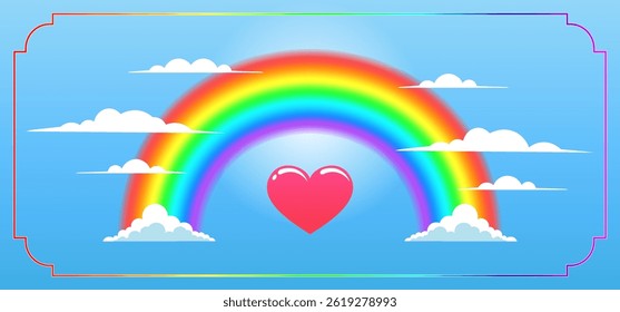 Vector iridescent bright classic cartoon rainbow. Clouds, heart and sky. Wide festive poster or flyer. Love and feelings. Valentines day or wedding.