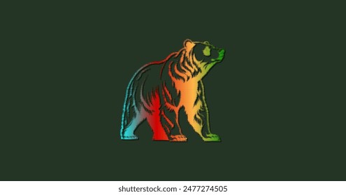 Vector iridescent halftone texture powerful bear. Wild animal of forest and taiga. Zoo. Dark isolated background.