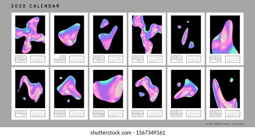 Vector Iridescent holographic fluid shapes  in vibrant gradient colors.Calendar 2020.Trippy and distorted 
image, psychedelic hippie style. Synthwave/ retrowave/ vaporwave neon aesthetics.