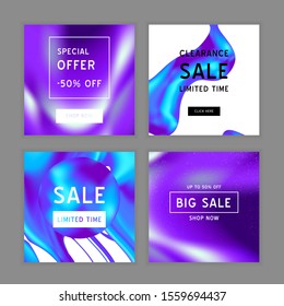 Vector Iridescent holographic fluid texture in vibrant gradient colors.Sale banner templates set for social media.Marbled ink Trippy image.Synthwave/retrowave/vaporwave neon aesthetics.