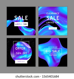 Vector Iridescent holographic fluid texture in vibrant gradient colors.Sale banner templates set for social media.Marbled ink Trippy image.Synthwave/retrowave/vaporwave neon aesthetics.