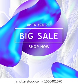 Vector Iridescent holographic fluid texture in vibrant gradient colors.Sale banner template for social media.Marbled ink Trippy image.Synthwave/retrowave/vaporwave neon aesthetics.White,blue,purple,