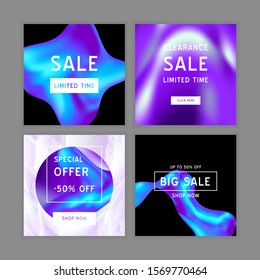 Vector Iridescent holographic fluid texture in vibrant gradient colors.Sale banner templates set for social media.Marbled ink Trippy image.Synthwave/retrowave/vaporwave neon aesthetics.